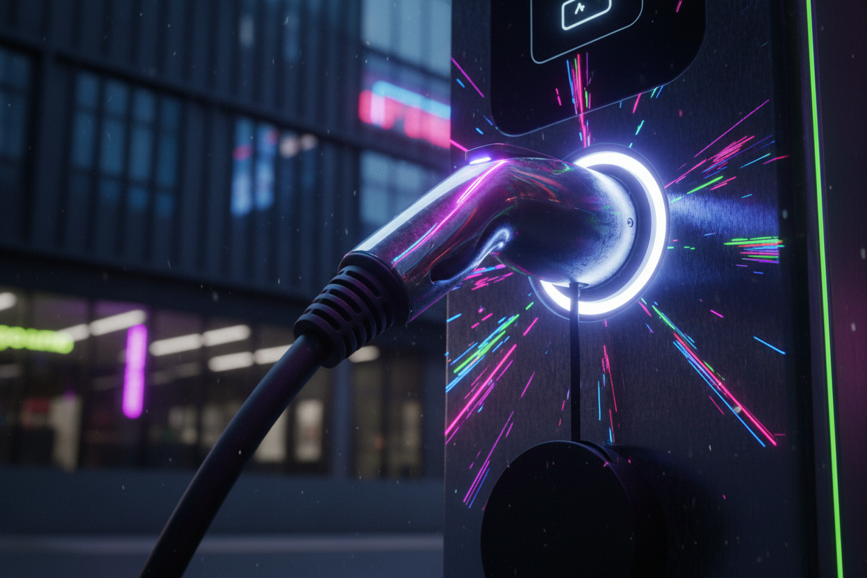 “close-up of EV charging cable plugged in, neon reflections, modern industrial background, ultra-detailed macro shot, no text”