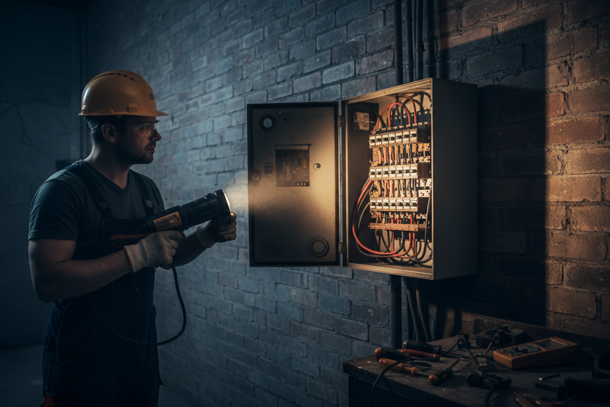 “electrician inspecting a distribution board with a flashlight, cinematic shadows, dramatic highly detailed scene, ultra-realistic, professional lighting, no text”dutch fuse box