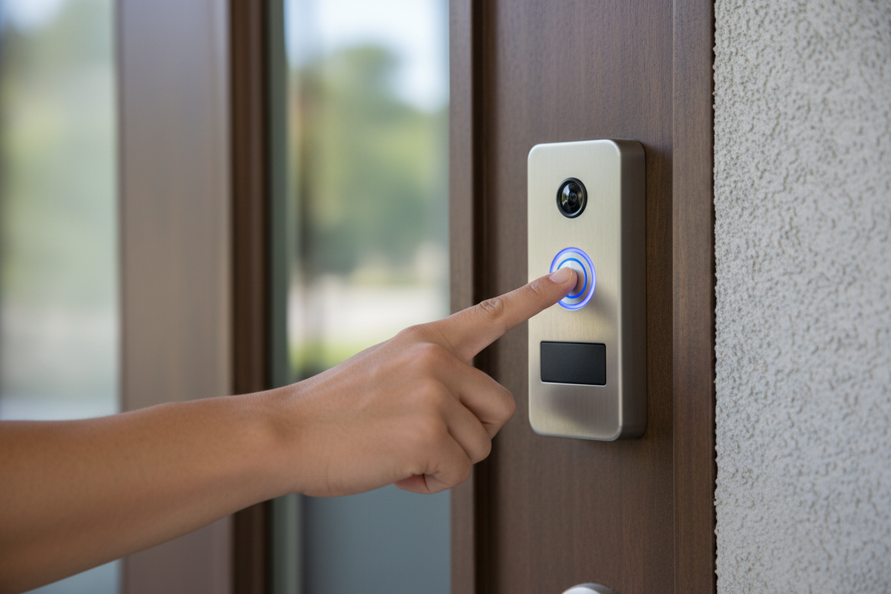 iemand die aan bel bij een ring pro deur bel
