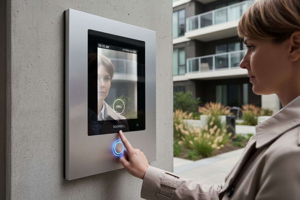 iemand die aanbelt bij een complex 8k intercom in beeld en persoon