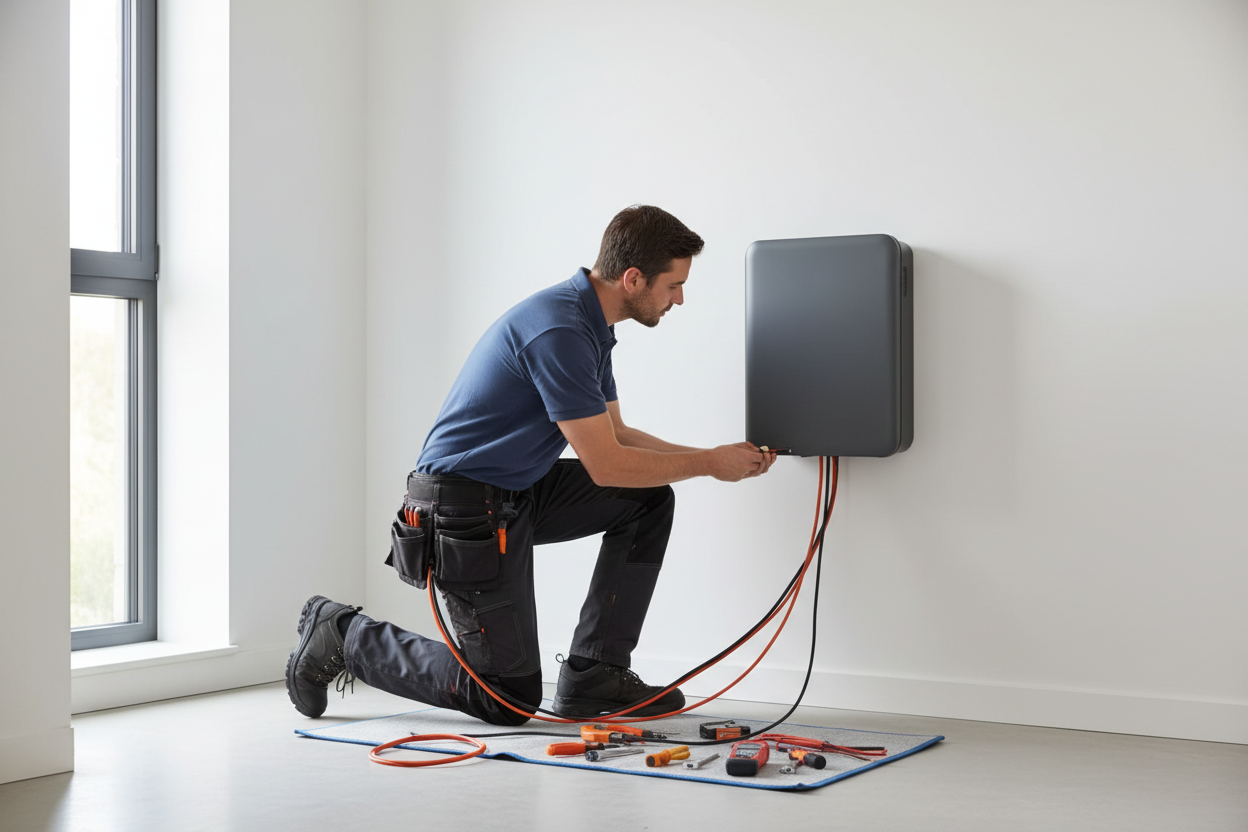 motuer aan het werk met een thuis battrij zonder  logos