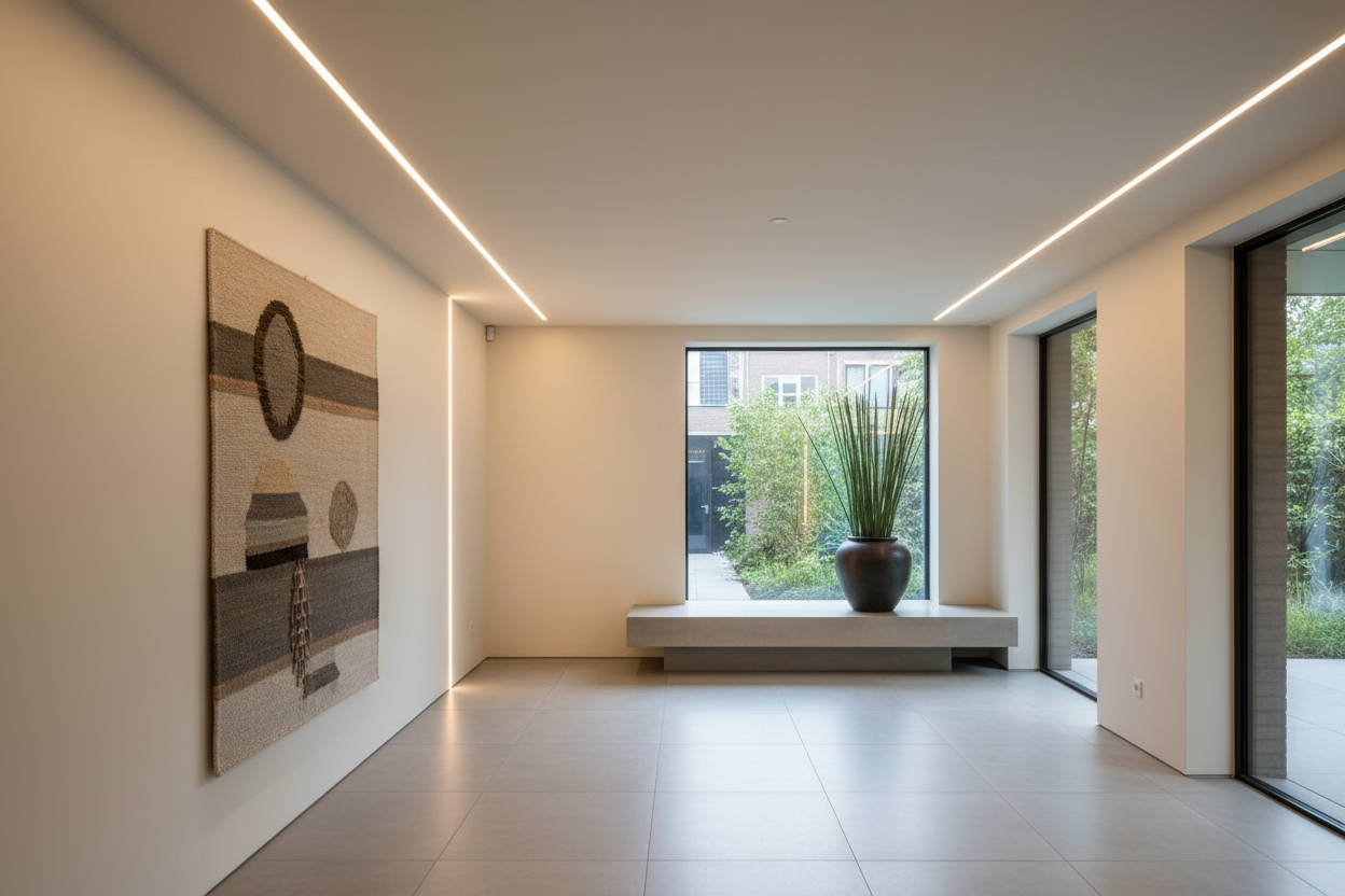 “Realistische, professionele foto van moderne verlichting in een Nederlandse woning of bedrijfsruimte. Strak geïnstalleerde LED-verlichting in plafond en wanden, warm en gelijkmatig licht. Netjes afgewerkte installatie zonder zichtbare kabels. Moderne en rustige uitstraling, geen mensen in beeld, geen logo’s of merknamen. Hoge beeldkwaliteit, geschikt voor een professionele elektrotechnische website.”