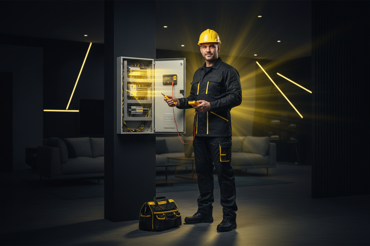 “ultra-realistic commercial photo of a professional electrician standing in a clean modern home environment, holding tools and inspecting an electrical panel, strong black and yellow color accents, dramatic cinematic lighting, confident and trustworthy atmosphere, premium engineering look, sharp details, dark blurred background, glowing yellow highlights, wide landscape hero banner, 16:9, no text”
